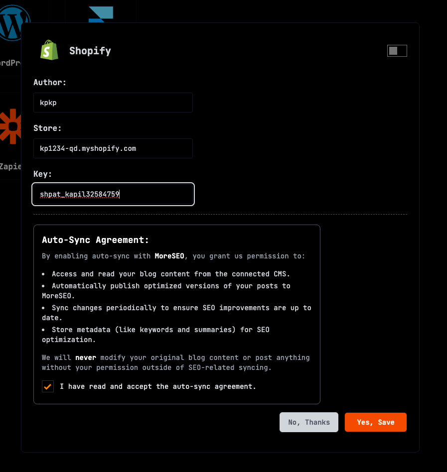 MoreSEO Shopify Connection Form